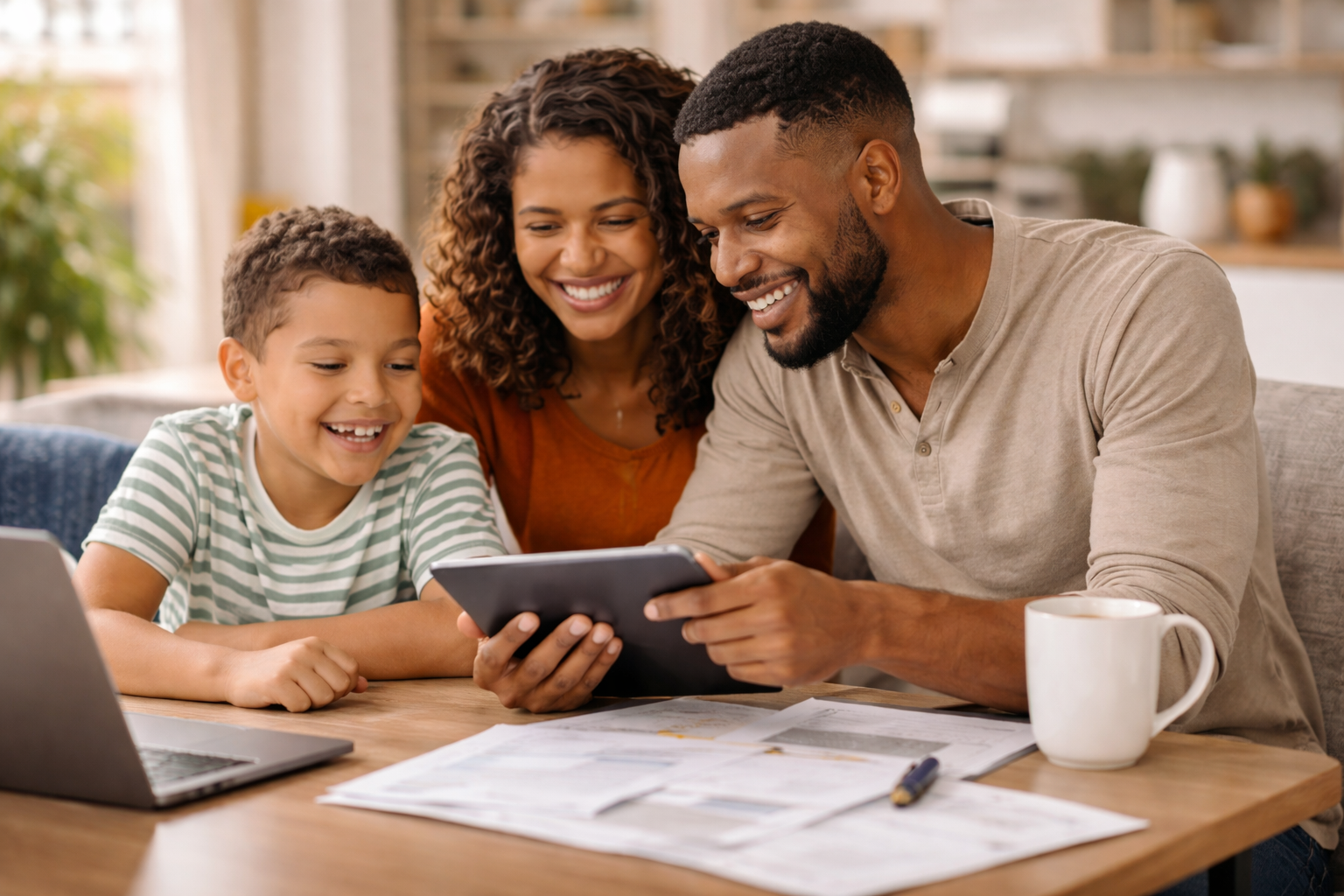 Family reviewing plans at a table