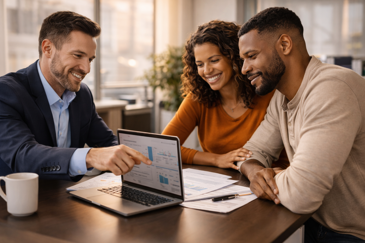 Advisor consulting with a couple over a laptop